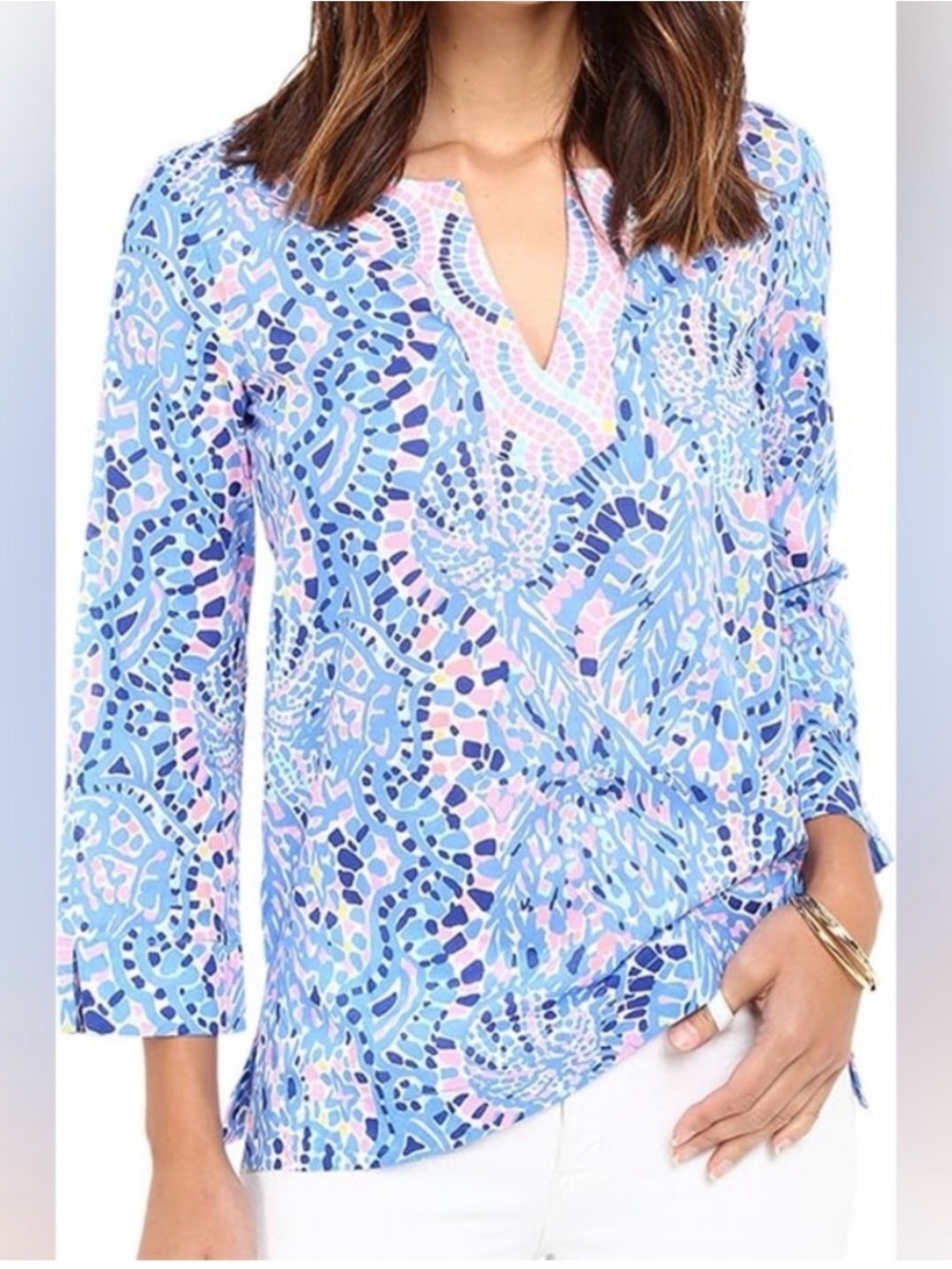 Lilly Pulitzer Blue & Pink Mosaic Split-Neck Tunic